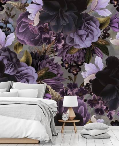 papel de parede floral roxo escuro com fundo cinza