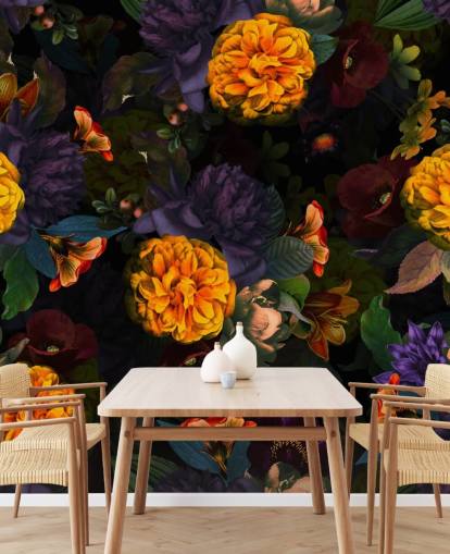 ljusa orange nejlika blommor med lila och grönt lövverk på en mörk bakgrund tapeter