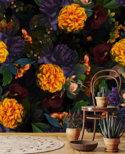 fleurs d'œillets orange vif avec un feuillage violet et vert sur un fond sombre papier peint