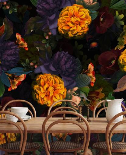 ljusa orange nejlika blommor med lila och grönt lövverk på en mörk bakgrund tapeter ljusa orange nejlika blommor med lila och grönt lövverk på en mörk bakgrund tapeter