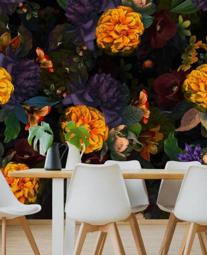 bright orange carnation flowers with purple and green foliage on a dark background wallpaper