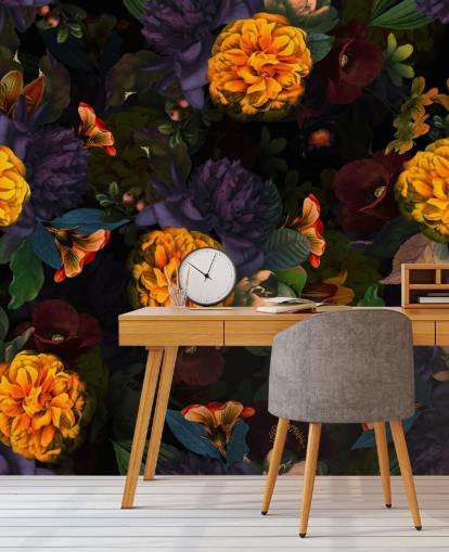 bright orange carnation flowers with purple and green foliage on a dark background wallpaper