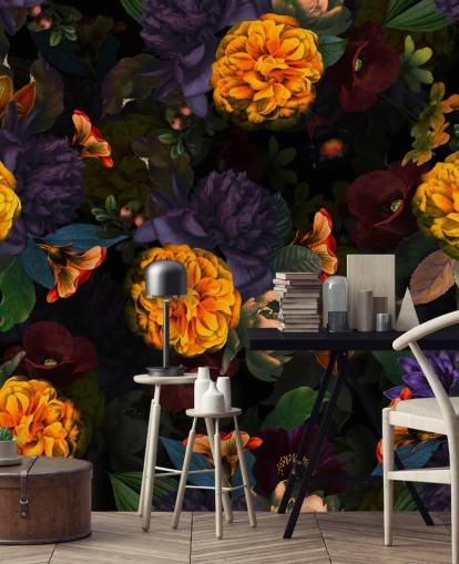 flores de clavel naranja brillante con follaje morado y verde sobre un fondo oscuro flores de clavel naranja brillante con follaje morado y verde sobre un fondo oscuro