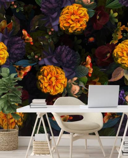 bright orange carnation flowers with purple and green foliage on a dark background wallpaper