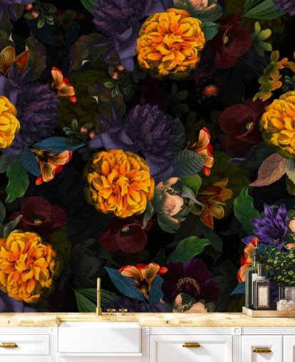 bright orange carnation flowers with purple and green foliage on a dark background wallpaper bright orange carnation flowers with purple and green foliage on a dark background wallpaper