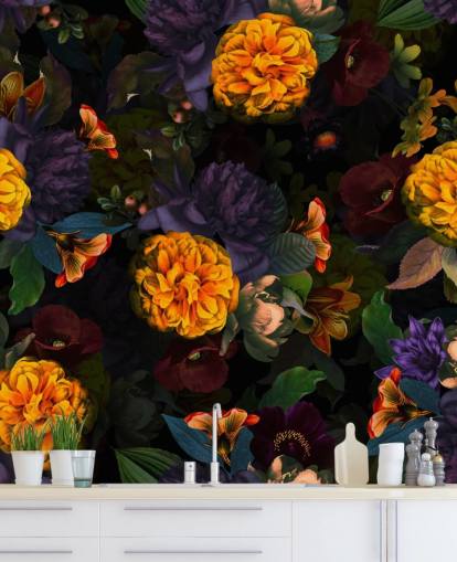 bright orange carnation flowers with purple and green foliage on a dark background wallpaper