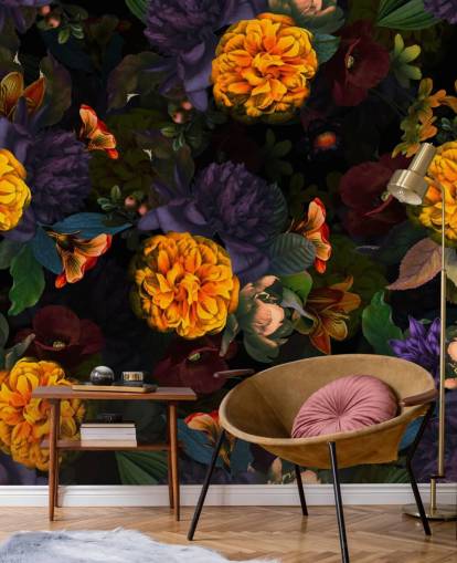 lyse oransje nellik blomster med lilla og grønt løvverk på en mørk bakgrunn tapet lyse oransje nellik blomster med lilla og grønt løvverk på en mørk bakgrunn tapet