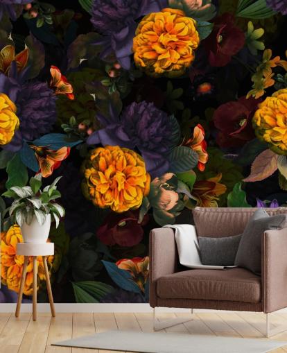 ljusa orange nejlika blommor med lila och grönt lövverk på en mörk bakgrund tapeter