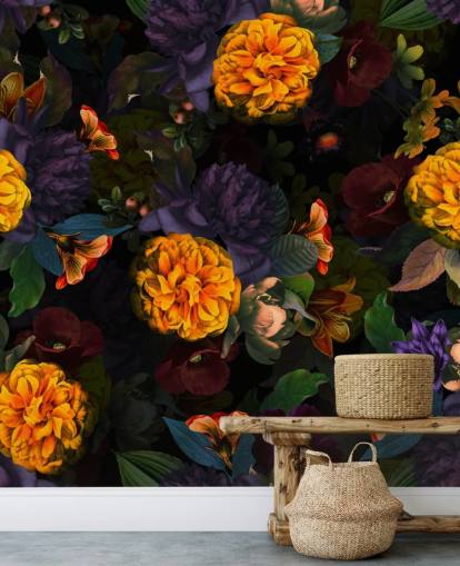 bright orange carnation flowers with purple and green foliage on a dark background wallpaper