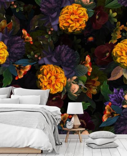 bright orange carnation flowers with purple and green foliage on a dark background wallpaper