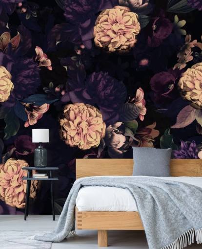 mørk rosa og marineblå løvverk med lys rosa nellik blomster tapet mørk rosa og marineblå løvverk med lys rosa nellik blomster tapet