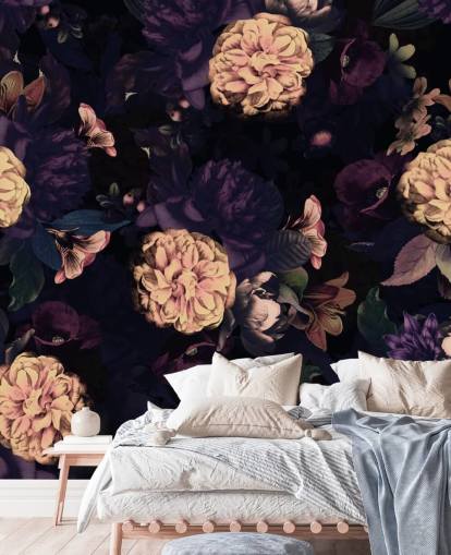 papier peint feuillage rose foncé et bleu marine avec des fleurs d'œillets rose clair papier peint feuillage rose foncé et bleu marine avec des fleurs d'œillets rose clair