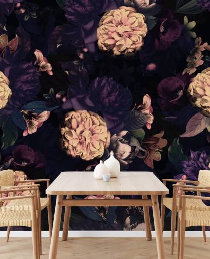 mørk rosa og marineblå løvverk med lys rosa nellik blomster tapet