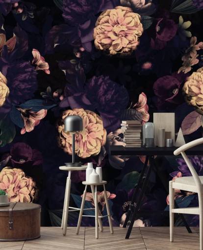 dark pink and navy foliage with light pink carnation flowers wallpaper