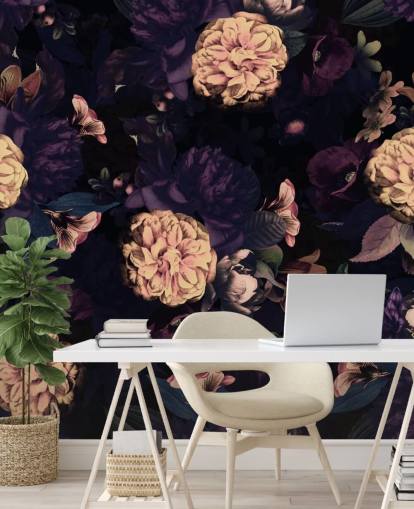 dark pink and navy foliage with light pink carnation flowers wallpaper