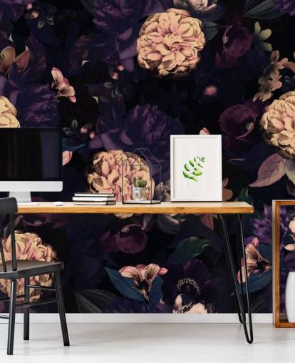 mørk pink og navy løv med lys rosa nellike blomster tapet