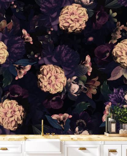 mørk pink og navy løv med lys rosa nellike blomster tapet mørk pink og navy løv med lys rosa nellike blomster tapet