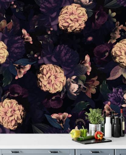 mörkrosa och marin lövverk med ljusrosa nejlika blommor tapeter