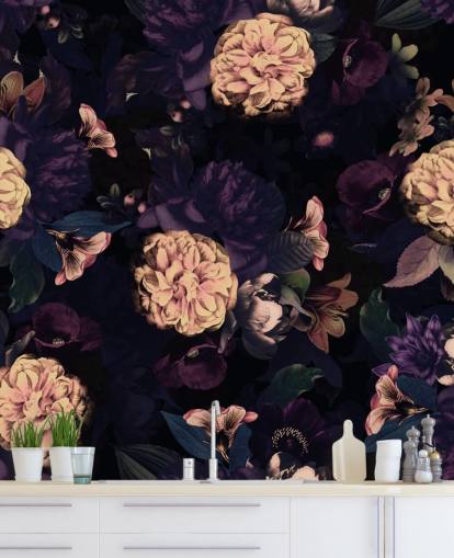 dark pink and navy foliage with light pink carnation flowers wallpaper