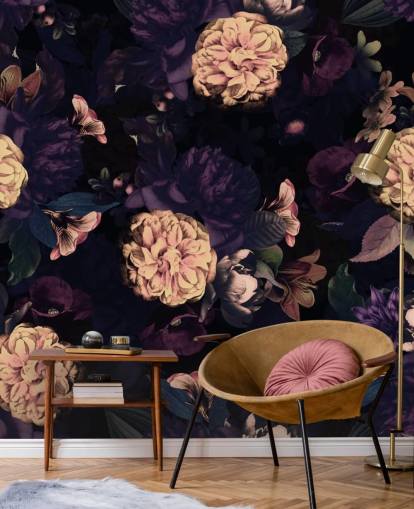 dark pink and navy foliage with light pink carnation flowers wallpaper