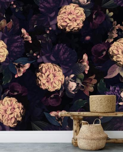 mørk rosa og marineblå løvverk med lys rosa nellik blomster tapet mørk rosa og marineblå løvverk med lys rosa nellik blomster tapet