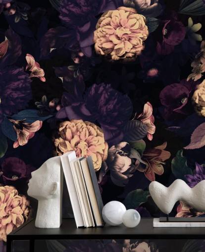 dark pink and navy foliage with light pink carnation flowers wallpaper