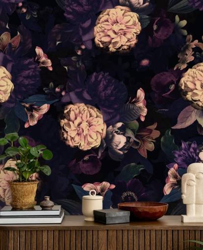 mörkrosa och marin lövverk med ljusrosa nejlika blommor tapeter