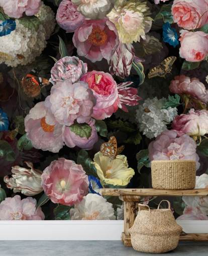 roze bloemen op donkere achtergrond behang