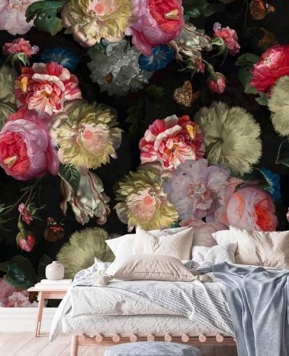 rosa ros och fjäril mörk blommig tapeter