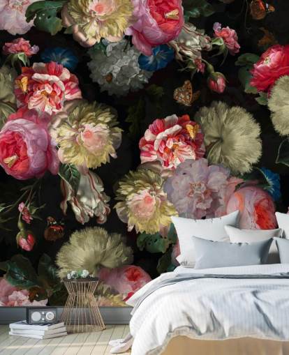 pink rose and butterfly dark floral wallpaper