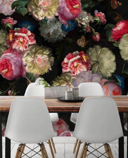 pink rose and butterfly dark floral wallpaper