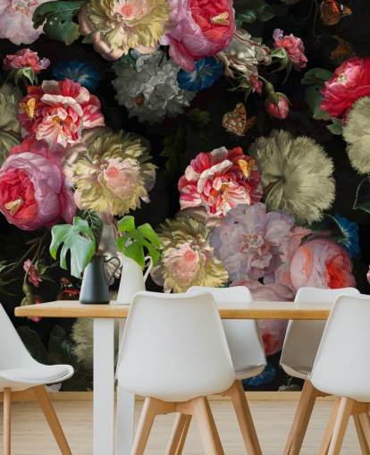 rosa ros och fjäril mörk blommig tapeter