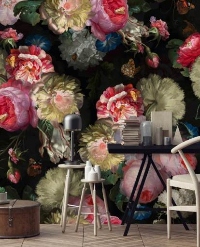 rosa ros och fjäril mörk blommig tapeter