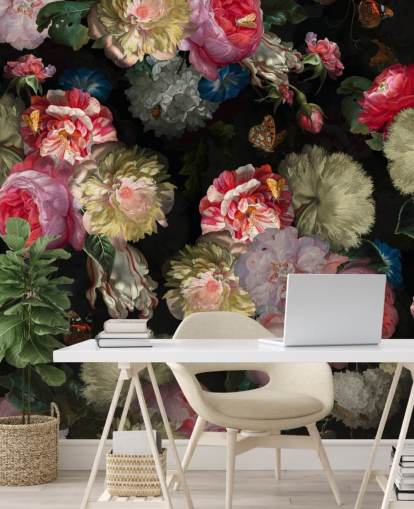 papier peint floral rose et papillon foncé