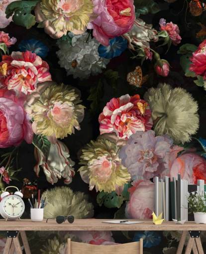 roze roze en vlinder donker bloemenbehang roze roze en vlinder donker bloemenbehang