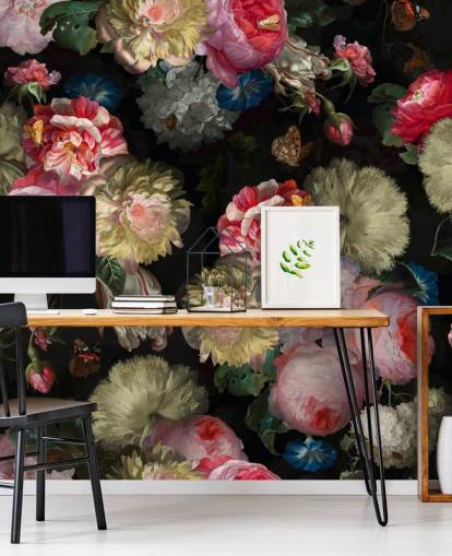 papier peint floral rose et papillon foncé