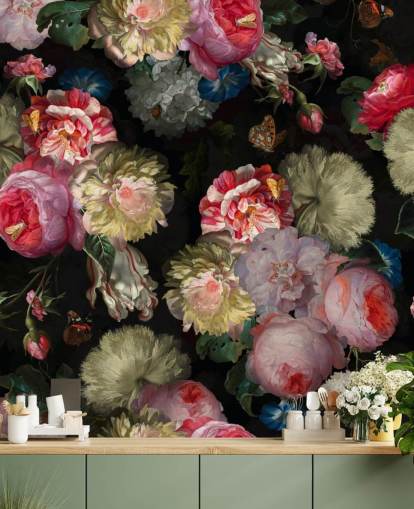 rosa ros och fjäril mörk blommig tapeter