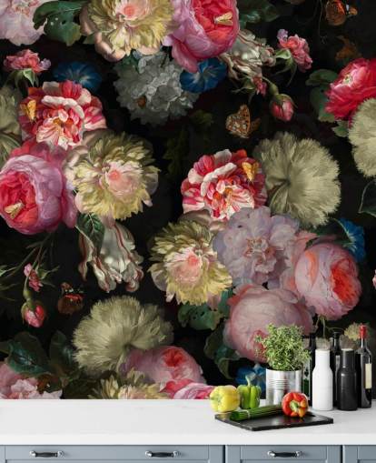 papier peint floral rose et papillon foncé