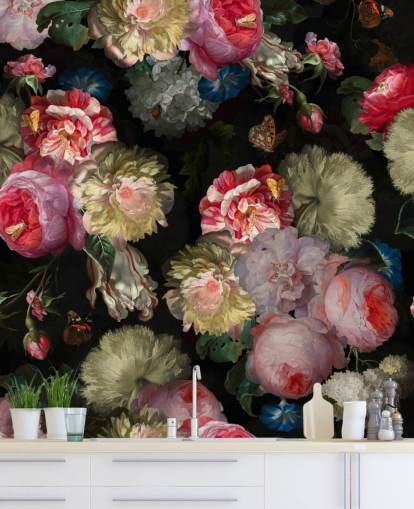 papier peint floral rose et papillon foncé papier peint floral rose et papillon foncé