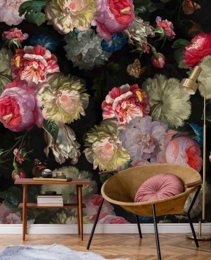 pink rose and butterfly dark floral wallpaper