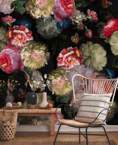 rosa ros och fjäril mörk blommig tapeter