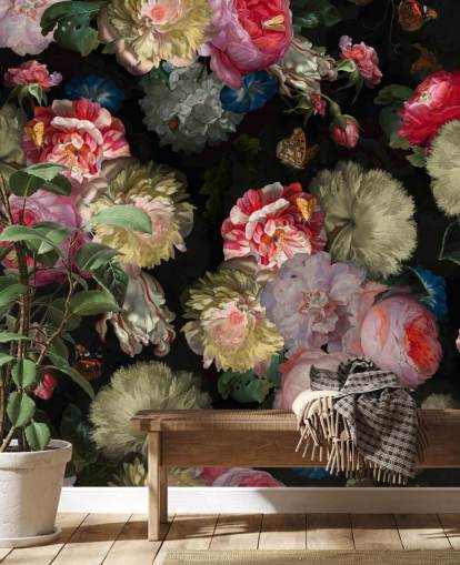 roze roze en vlinder donker bloemenbehang roze roze en vlinder donker bloemenbehang