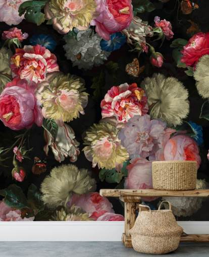 rosa ros och fjäril mörk blommig tapeter