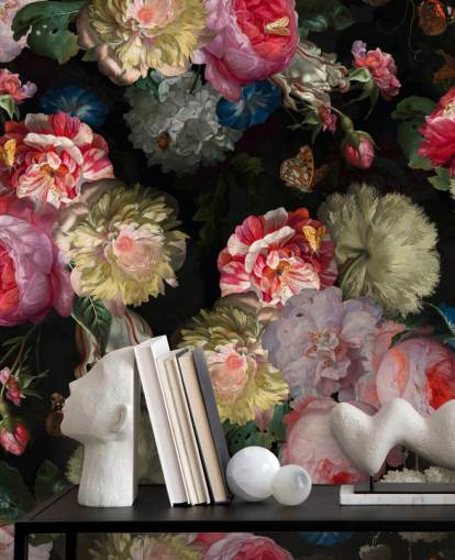 pink rose and butterfly dark floral wallpaper