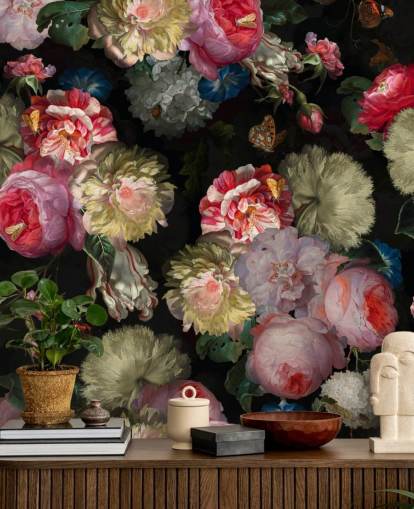 rosa ros och fjäril mörk blommig tapeter