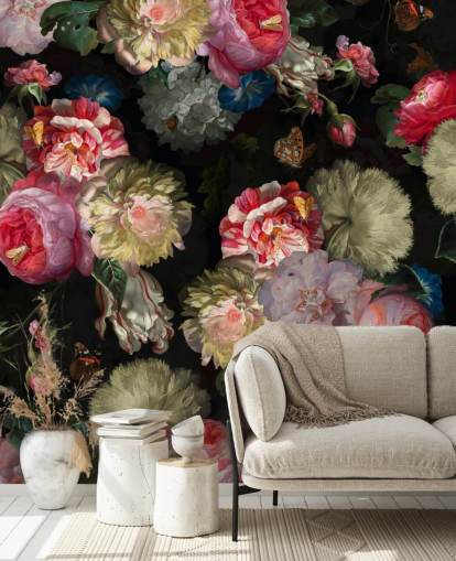 rosa ros och fjäril mörk blommig tapeter