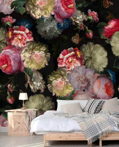 papier peint floral rose et papillon foncé