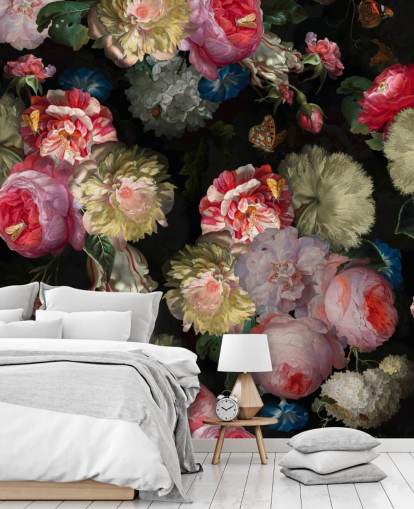 pink rose and butterfly dark floral wallpaper