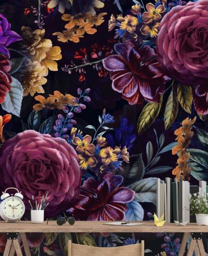 papel pintado de flores moradas y rosas oscuras