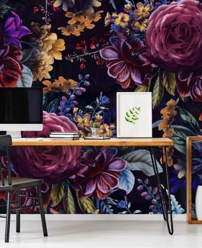 papel pintado de flores moradas y rosas oscuras